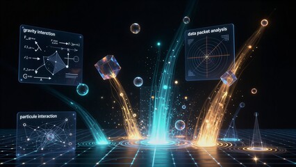 Futuristic data streams and scientific interfaces illuminate a digital cosmos of physics exploration. © YiuCheung