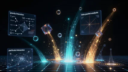 Futuristic data streams and scientific interfaces illuminate a digital cosmos of physics exploration. © YiuCheung