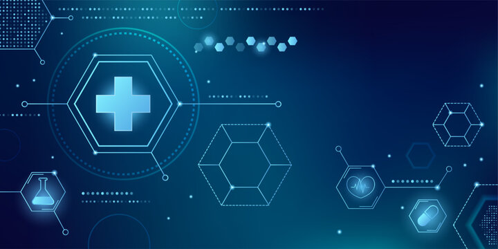 Medical background with hexagonal pattern. Vector realistic illustration of modern healthcare banner design with neon cross, lab flask, dna structure icons, blue tech texture, clinic presentation