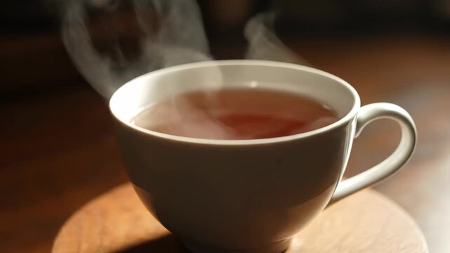 Steaming white cups filled with drinks, hot teacups steaming hot