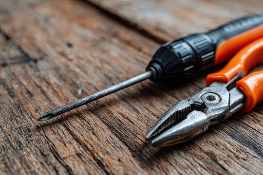 Close up of a screwdriver and pliers resting on a weathered wooden surface, tools for repair and DIY projects
