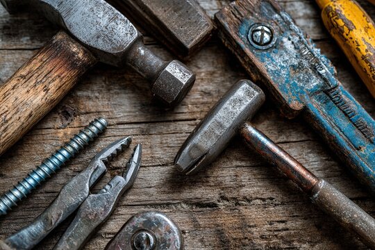 Vintage Tools and Screws Arranged on a Rustic Wooden Surface for Repair and Craftsmanship