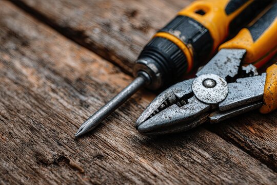 Close-up of a screwdriver and pliers resting on a weathered wooden table, representing repair and construction.