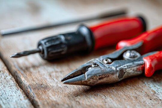 Close-up of worn repair tools, including pliers and screwdriver, resting on a rustic wooden surface, showcasing craftsmanship and DIY projects.