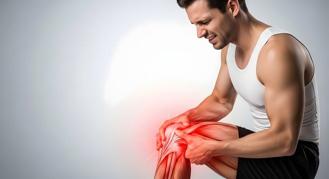 Knee joint injury and leg pain anatomy. Orthopedic health and sports medicine. Male athlete holding his knee with a detailed glowing red muscle and bone illustration
