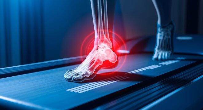 Ankle injury while running on a treadmill. Sports fitness and joint health. Digital x-ray visualization of a human foot with a glowing red painful ankle joint