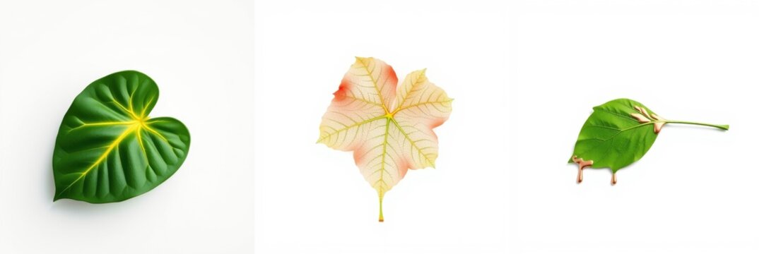 Three leaves displayed. Each exhibits distinct shape, color, texture. Minimalist composition, white background emphasizes botanical details.