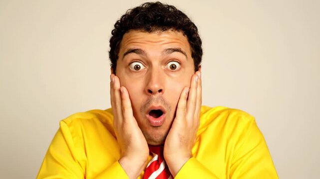 Material of surprised expression of man in yellow, collection of surprised expression of man