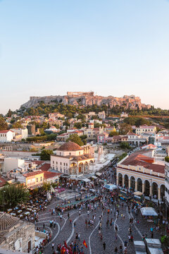 Elevated view of Monastiraki square and the Acropolis at sunset, Athens, Greece