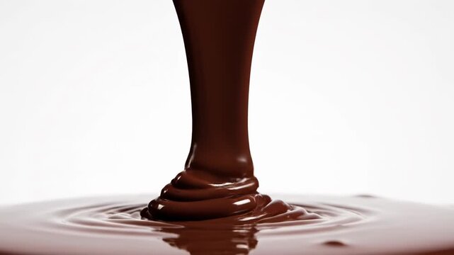 Macro close-up of thick liquid dark chocolate pouring in a steady continuous stream isolated on a white background, showing smooth glossy texture and high viscosity for food design.