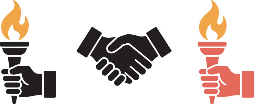 Handshake with torch icon set, vector illustration featuring partnership, trust, and collaboration symbols combined with a torch representing passion, leadership, and shared vision in a clean modern 