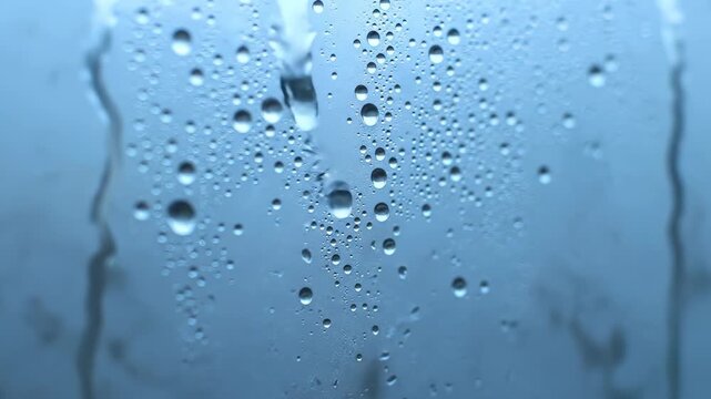 Close-up of water droplets on glass, raindrops sliding outside the rain window