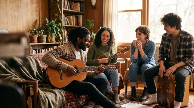 Diverse group of friends playing acoustic musical instruments together in a cozy living room