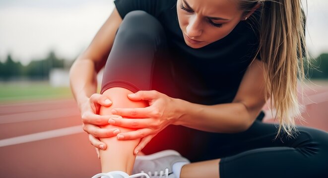Lower leg muscle strain and sports injury. Professional athletic training and recovery. Woman holding her calf on a running track after experiencing sudden muscle pain