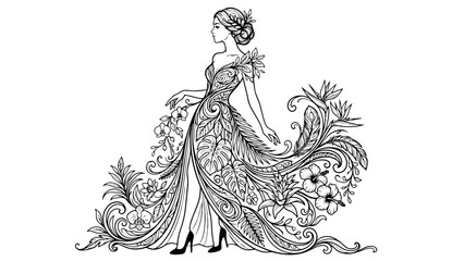 Fototapeta premium Tropical Botanical Fashion Woman Silhouette Exotic Floral Leaf Dress Vector Illustration Design