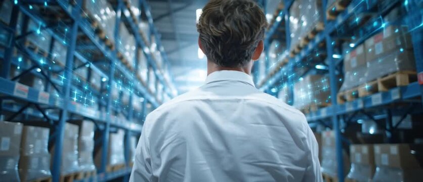 Warehouse Manager Inspecting Goods: A professional manager, seen from behind, walks through a brightly lit, modern warehouse, surrounded by shelves stacked high with boxes.