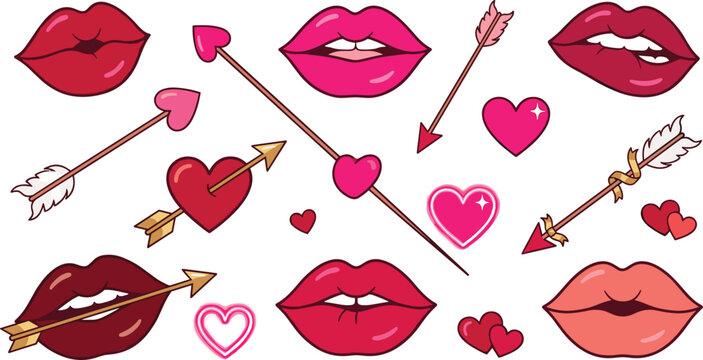 Romantic Valentine Day Element Collection Featuring Red and Pink Lips Cupid Arrows Piercing Hearts and Flirty Seductive Kissing Mouth Vector Illustration Set