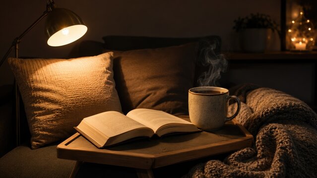 Cozy evening reading scene with open book, steaming mug, warm lamp and knitted blanket on a sofa