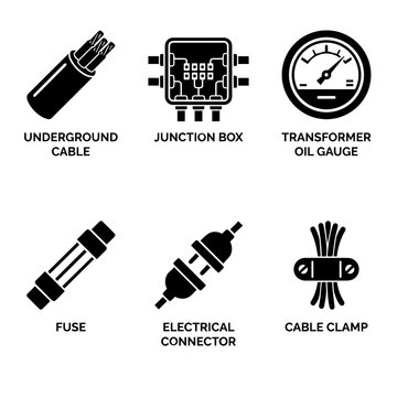 Industrial electrical components and utility hardware icon set with cable manage