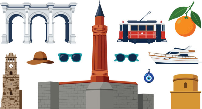 Antalya Turkey Tourism Travel Landmarks Vector Set Featuring Yivli Minaret Mosque Hadrian Gate Clock Tower Vintage Tram Yacht Evil Eye and Orange Fruit