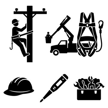 Lineman work safety and electrical maintenance equipment icons with electrician