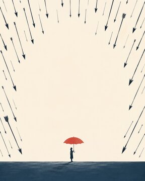 Person sheltering under a single red umbrella as a storm of black arrows rains down, minimalist concept of resilience, protection, adversity and staying strong under attack