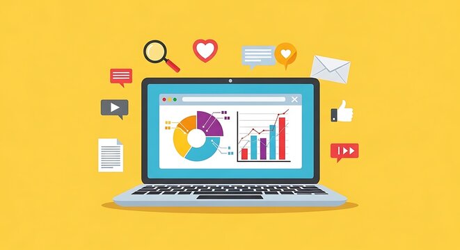 A laptop displays charts and graphs surrounded by various icons on a yellow background with a keyboard underneath.