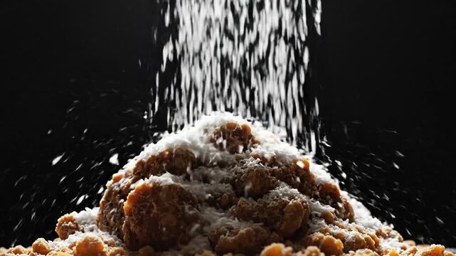 A pile of brown food being powdered.