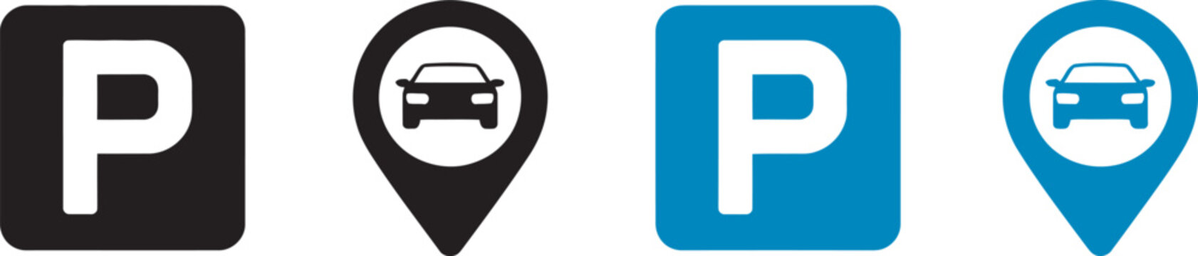 Parking and vehicle icons, vector collection including car symbols, &ldquo;P&rdquo; parking signs, directional indicators, and parking lot graphics in black and blue tones suitable for navigation apps, 