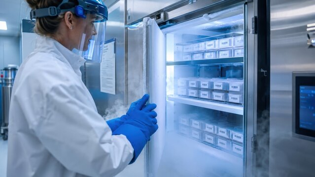 Scientist opens cryogenic storage unit containing samples in a laboratory during research work