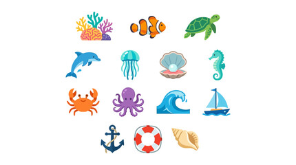 Ocean life and nautical icons set, 15 sea animal and maritime vector illustrations, cute marine creature collection for summer beach designs © sidra