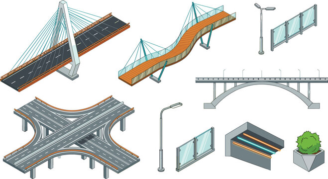 Isometric Urban Infrastructure and Transportation Infrastructure Elements Vector Set Featuring Suspension Bridge, Highway Interchange, Arch Bridge, Footbridge, and Streetlights