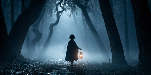 Obraz premium dark gothic forest at night with ghost, eerie ghost in foggy gothic woodland, haunted moonlit forest with spectral child lantern