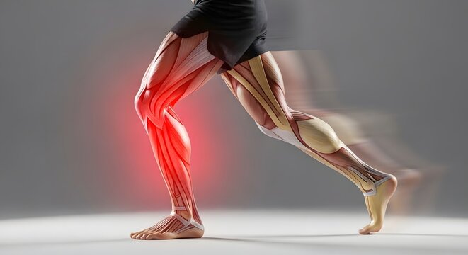 Athletic leg muscle injury and runner health. Sports performance and physical rehabilitation. Leg anatomy showing muscle fiber strain on a runner with glowing red pain zone