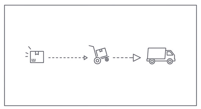 Delivery process: package moving from box to cart to truck, logistics concept