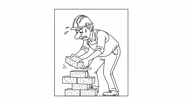 Construction worker struggling to lift heavy brick, sweat dripping, building wall