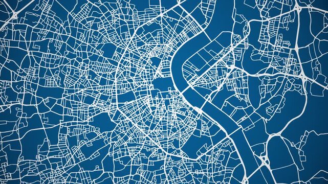 Ink reveal animation of Bordeaux, Gironde, Nouvelle Aquitaine, France grid map. Aerial top view. Blueprint style. White lines with blue background. 4K Seamless loop.
