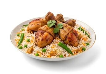 Fototapeta premium Chicken biryani with basmati rice and green peas isolated on white background