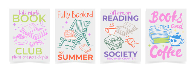 Cute hand-drawn book club and reading themed illustrations with books, coffee, chair and cozy library elements. Perfect for stationery, stickers, apparel and social media. © Andrey
