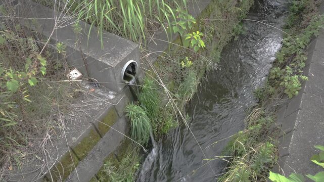 A small amount of industrial wastewater slowly trickling from a concrete pipe into a drainage ditch