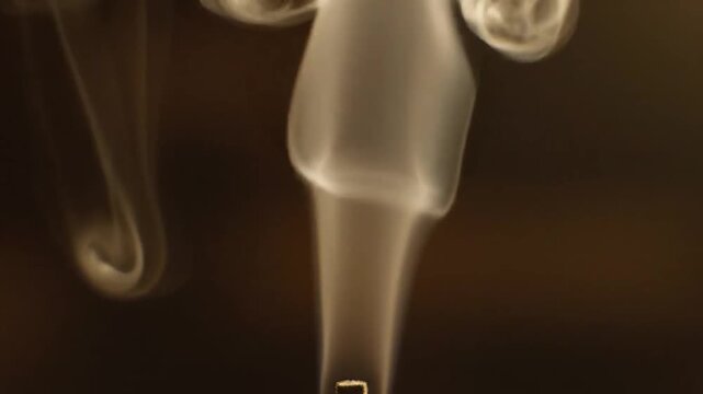 Delicate wisps of white smoke gracefully swirling and curling upwards against a dark, muted background, creating abstract organic shapes