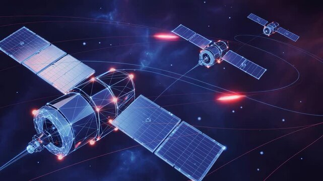 Futuristic communication satellites in deep space. Digital network connection lines between orbital spacecraft. Global telecommunications and data transmission concept.