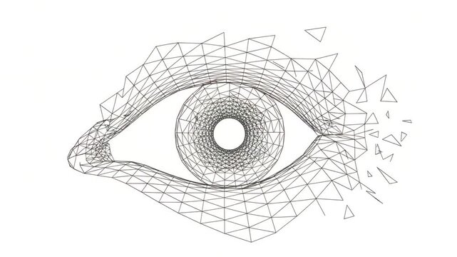 Futuristic digital eye wireframe, abstract low poly human eye mesh, geometric vision technology concept for artificial intelligence