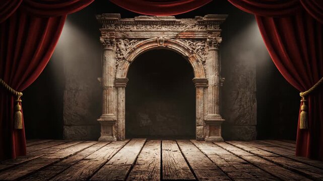 Stage red curtain and classical arch scene, European retro stage back