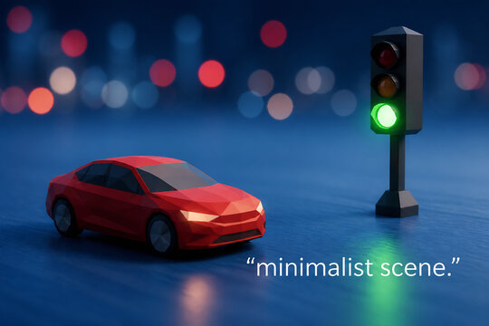 A red car stops at a green traffic light in a dark, minimalist setting.