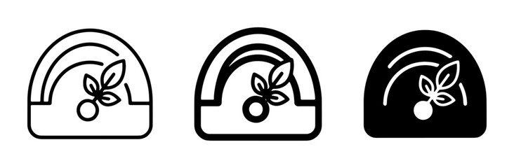 Set of 3 minimalist icons: outline, filled outline, and solid black, featuring a stylized leaf and berry motif within a semicircular frame, perfect for organic branding and natural product © Rida