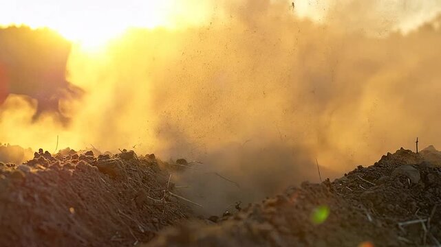 Soil particles explode into the air during a golden sunset