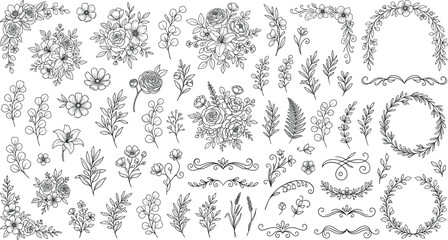 Hand-drawn Floral Elements Set: Elegant Black and White Line Art Flowers, Botanical Bouquets, Wreaths, Leafy Branches, and Decorative Dividers for Wedding Invitations, DIY and Stationery © MD FARID