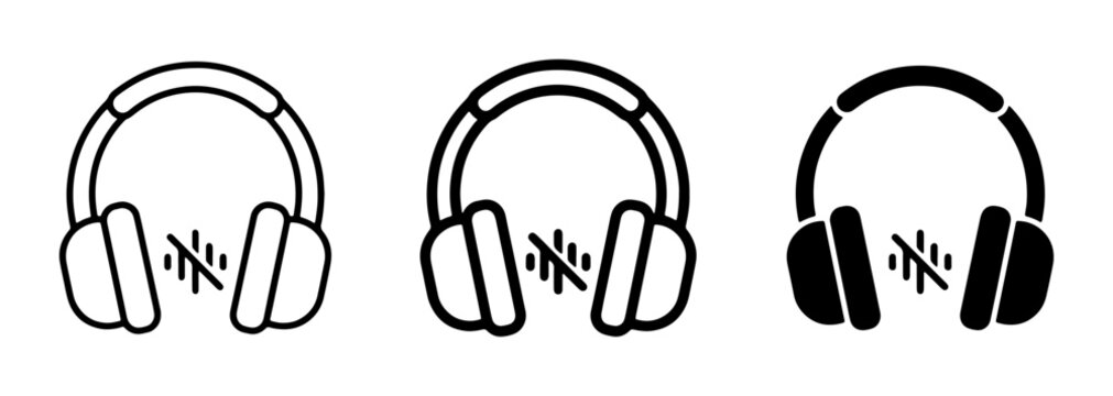 Headphone Icons Set: Mute Symbol, Noise Cancelling, Audio Control, Sound Off, Volume Mute, Communication Symbols, Vector Graphics