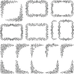 Fototapeta premium Elegant Hand-Drawn Floral Borders and Decorative Corner Elements Vector Set. Perfect for Wedding Invitations, Greeting Cards, and Vintage Style Graphic Design Projects with Roses and Vines.